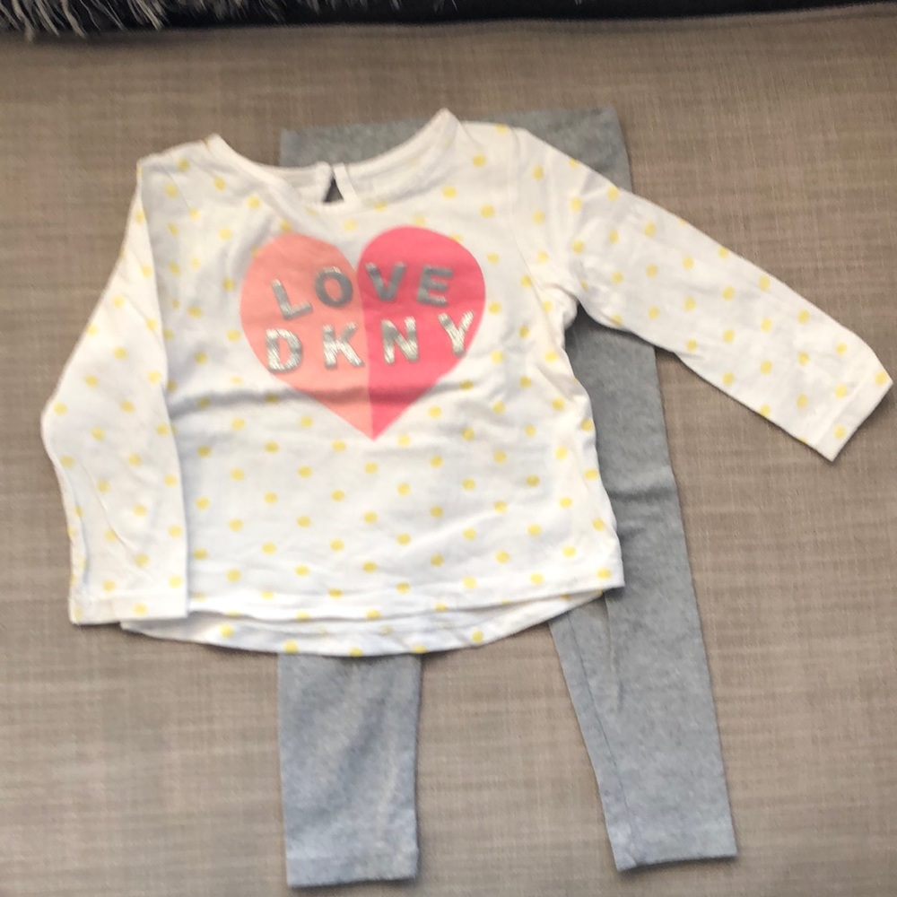 BOGO DKNY 2 piece long sleeve with heart graphic and plan grey leggings 24mo
